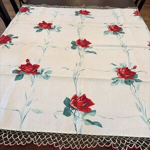 Vintage Wilendur Red Roses Tablecloth Table Cover 46X50" Crochet Trim Grannycore